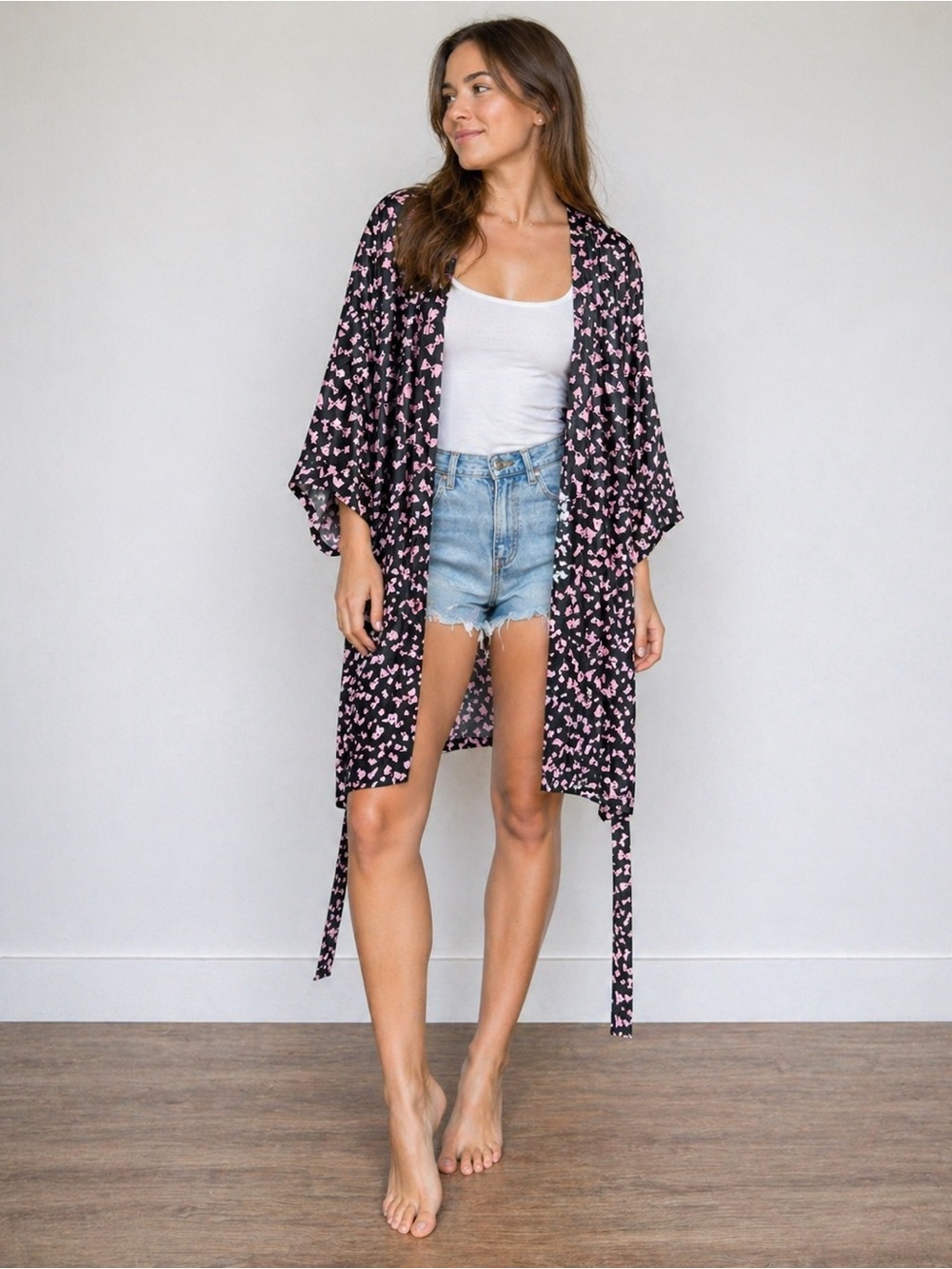 Black Pink Bow Print Kimono Robe Lightweight Cover Up Size XL Flowy